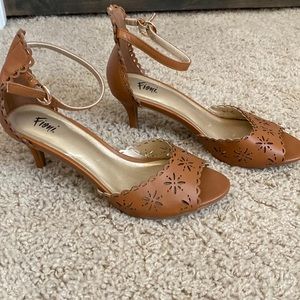 Brown ankle strip heel. 1.5 inch. Lovely peep toe.